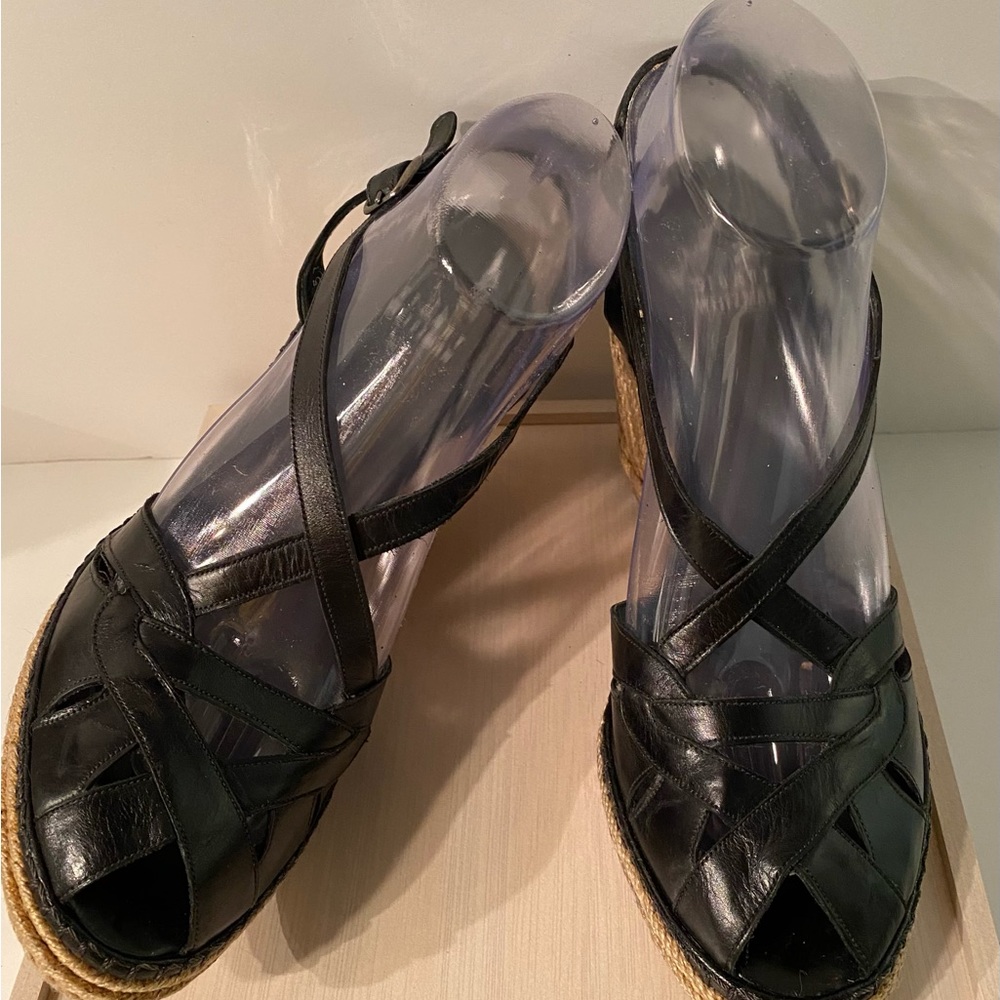 Stuart Weitzman Black Leather Wedge Espadrilles